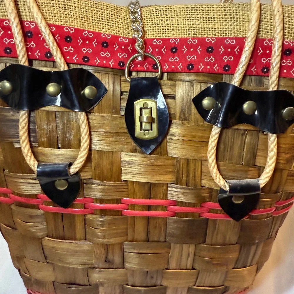 Handwoven Wicker / Basket‎ Tote with Rope Handles & Turn-Lock Closure
